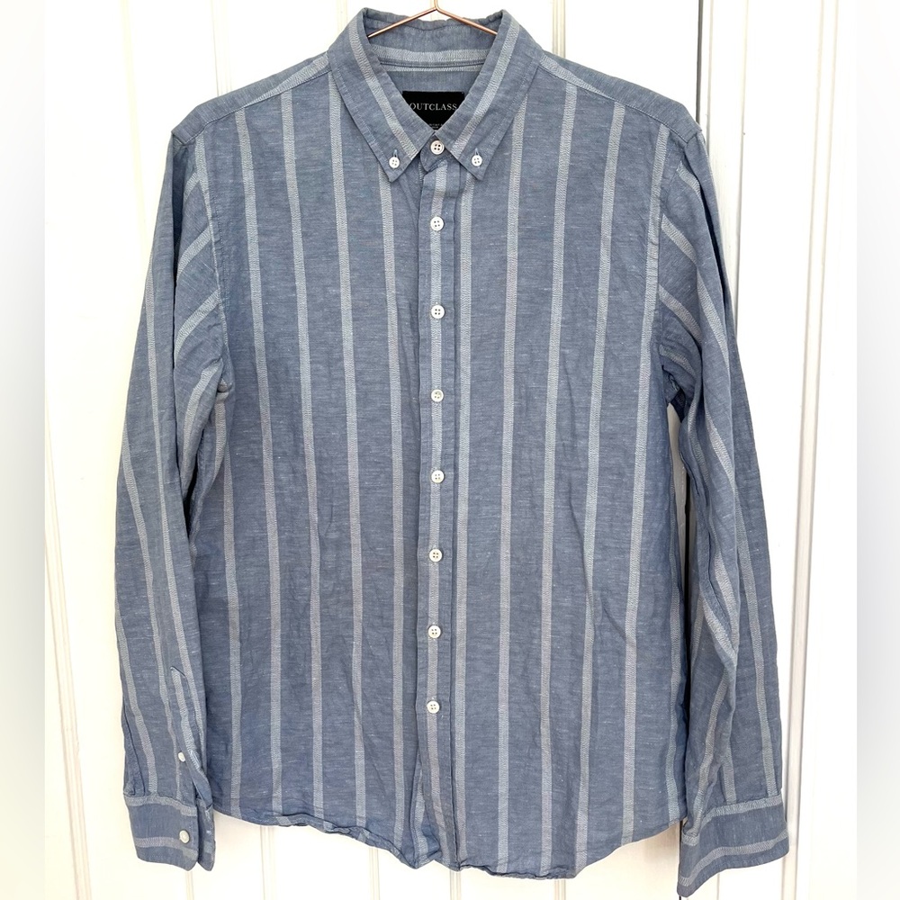 Outclass Men's Linen-Cotton Blue and White Striped Shirt, Size Large